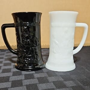 Black & White Milk Glass 3-D Raised Pub/Tavern Scene MugsSteins, Sold Separately